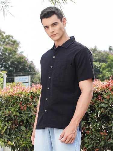 Thomas Scott Mens | Stripes | Seer Sucker Fabric | Spread Collar | Half Sleeve | Casual | Shirts for Men Black
