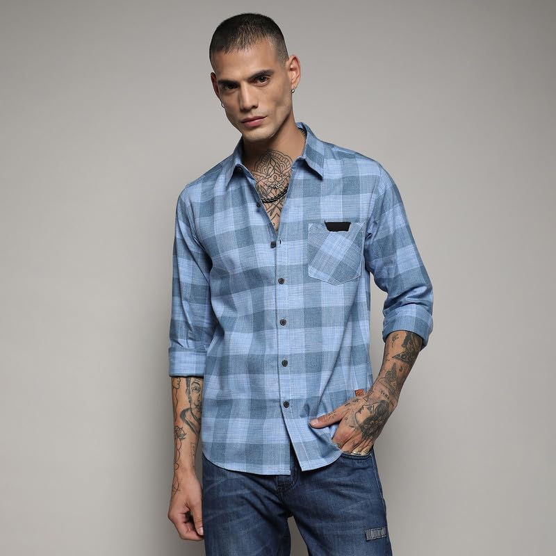 Campus Sutra Mens Blue Checks Button Up Regular Fit Shirt for Casual Wear | Cotton Spread Collar Shirt Crafted with Regular Sle