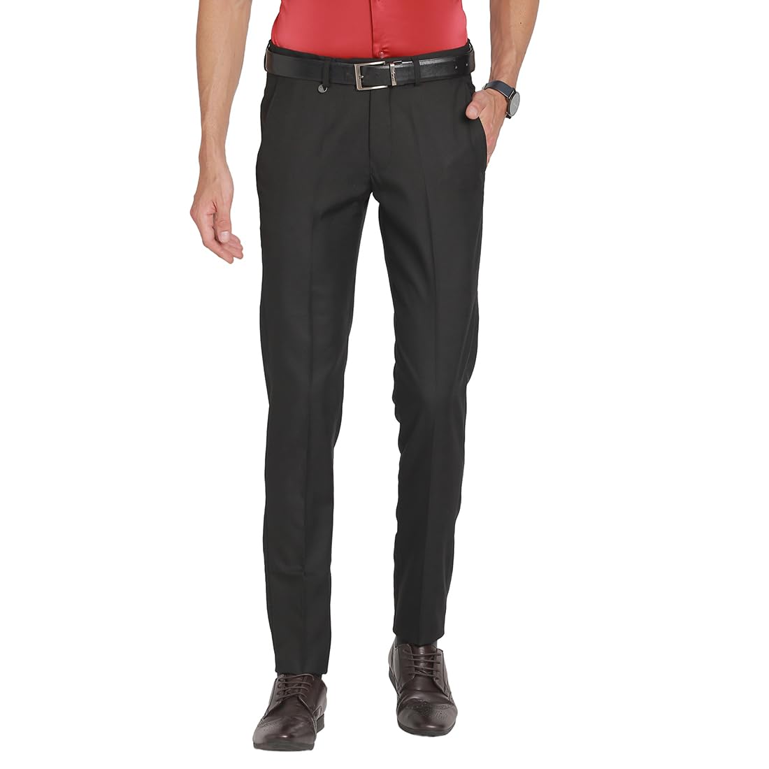 Turtle Men Cotton Viscose Dobby Print Slim Fit Black Formal Trouser