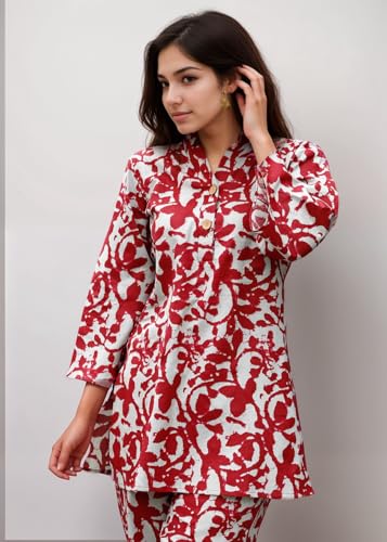 Shienzy Stylish Printed Cotton Blend Co Ord Set For Women || Casual & Festive Indo-Western Outfit || Kurta Pant Set (1594Shz_Mrn