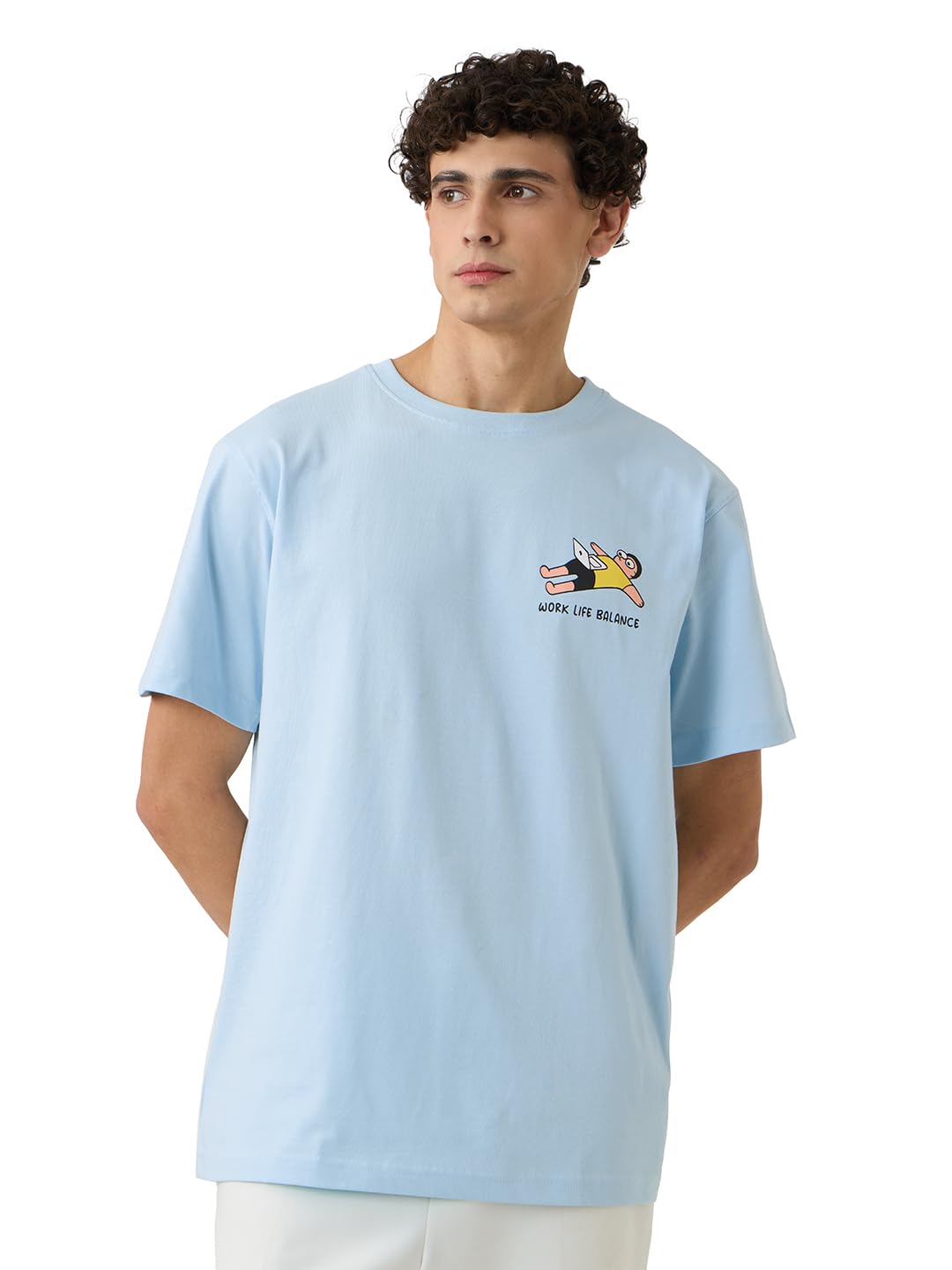 The Souled Store Relaxed T-Shirt: Work Life Balance Men and Boys Short Sleeves Round Neck Blue Graphic Printed Regular Fit Cotto