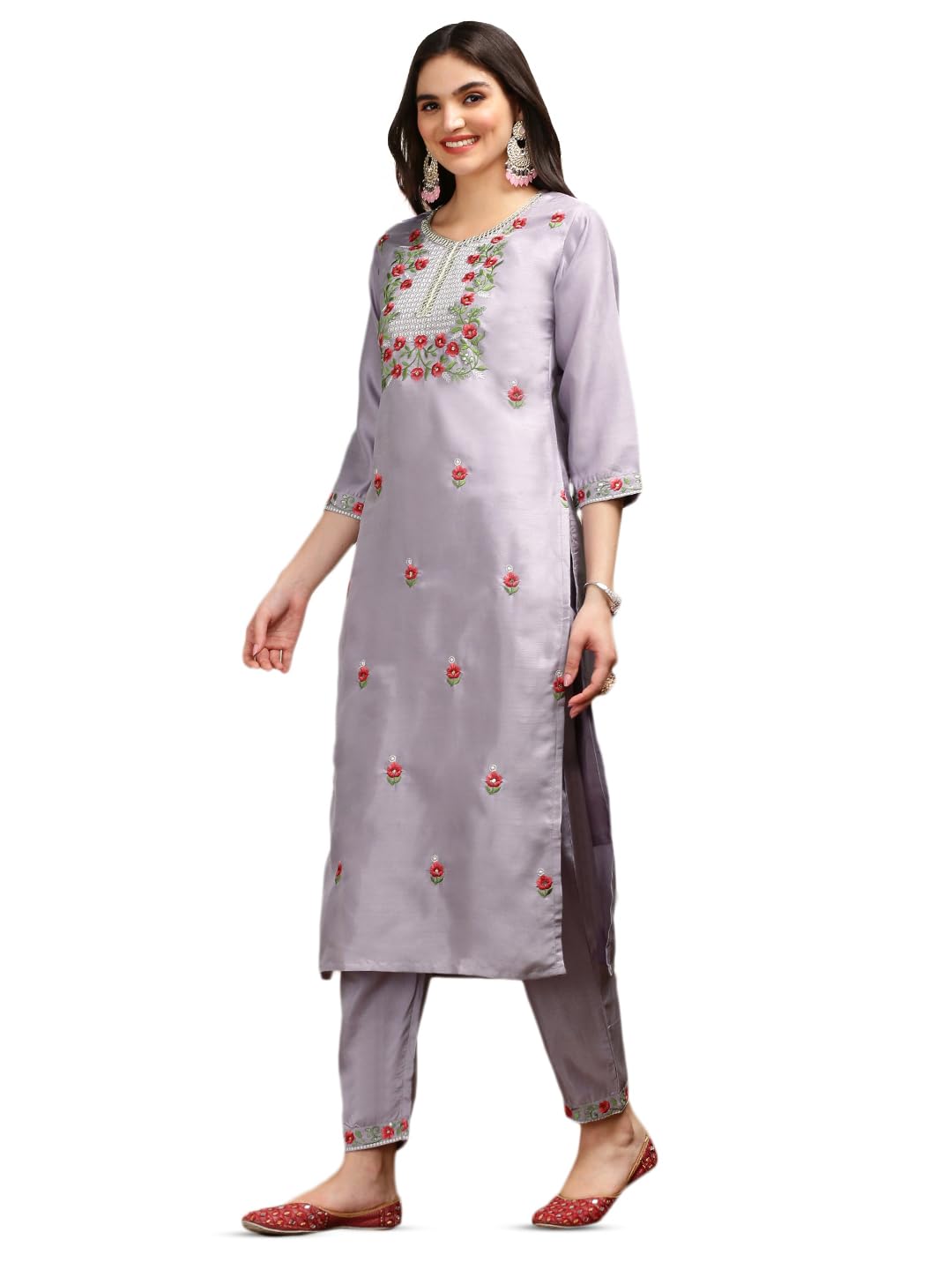 ishin Floral Embroidered Thread Work Silk Chiffon Straight Kurta with Trousers & Dupatta | Kurta set for women | Kurta with trousers and dupatta