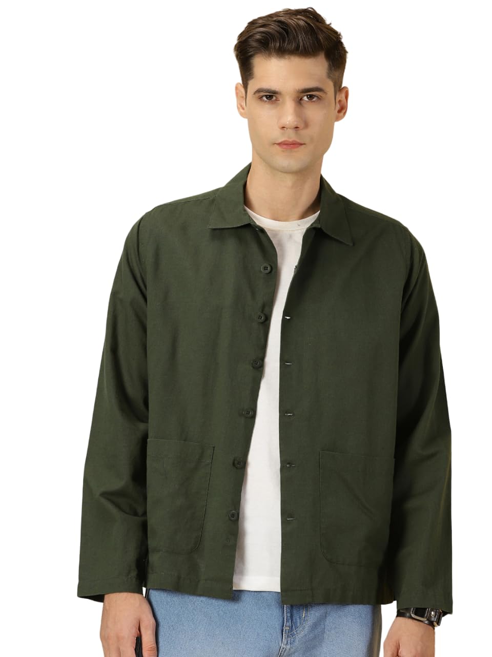 Thomas Scott Oversized Linen Double Pocket Solid Shirts for Mens Green