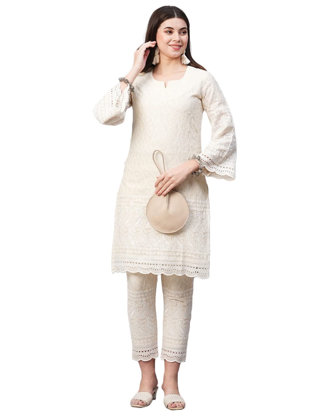 GoSriKi Women's Pure Cotton Chikankari Embroidered Straight Kurta with Pant (Mavak Cream01-GS)