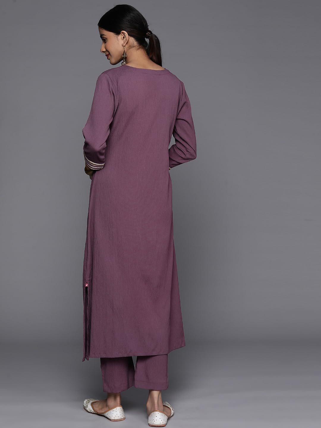 Violet Straight Kurta with Gota Lace Embellished Kurta, Round Neckline with Slit, Straight Kurta, Side Slit, Straight Hemline, Gota Lace Embellishment.