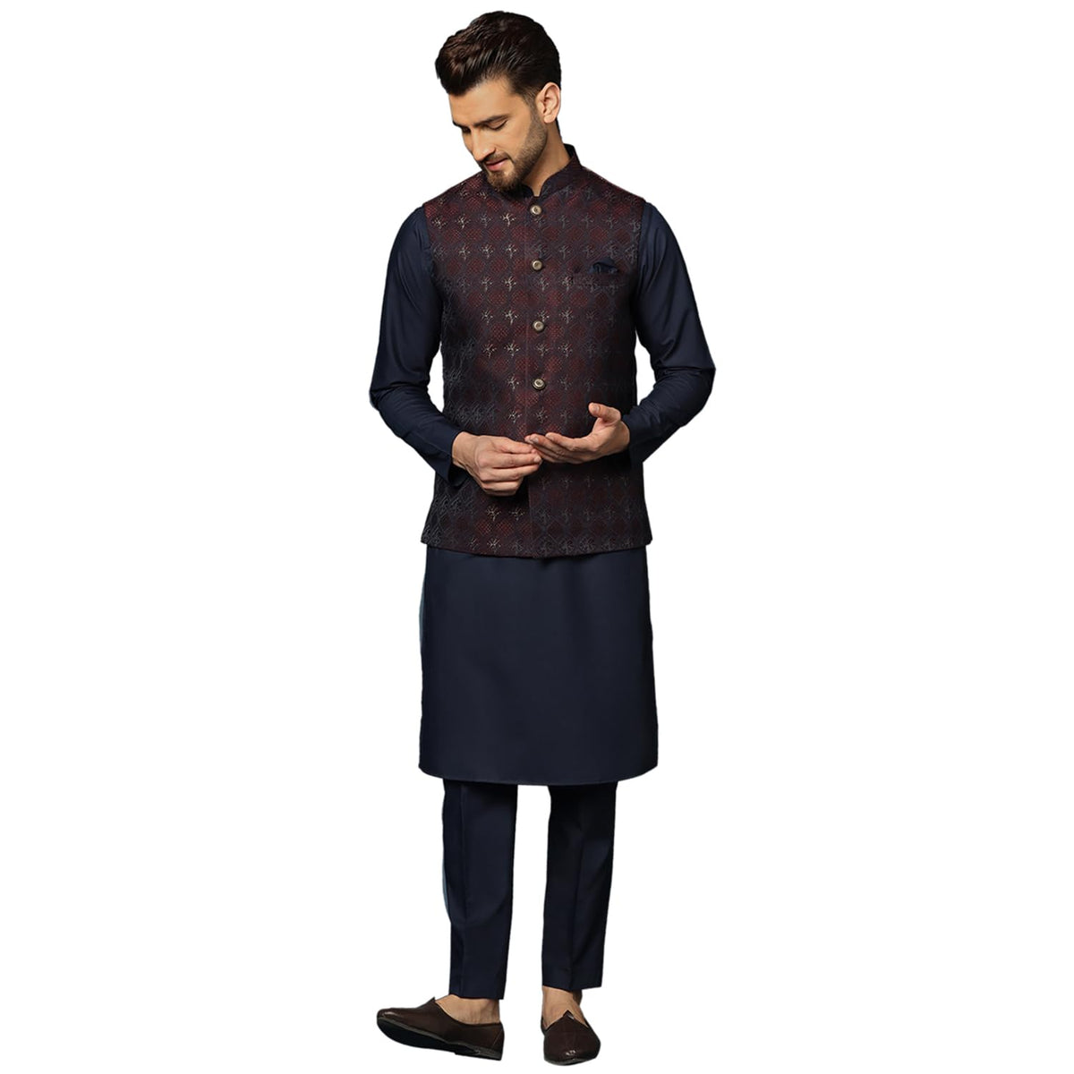 Kisah MenS Purple Kurta Jacket Trousers Set Cotton Blend, Woven Design, Full Sleeves, Straight, Regular Fit, Mandarin Collar Et