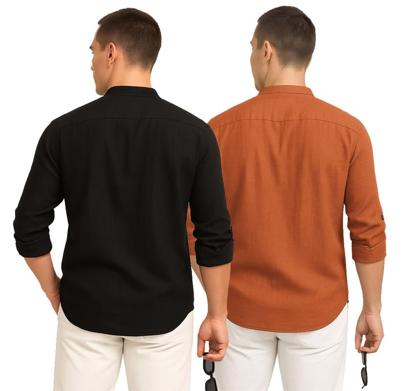 Deelmo Combo Of MenS Cotton Blend Solid Regular Fit Full Sleeve Short Kurta | MenS Trendy Short Kurta Pack Of 2 Black - Orange