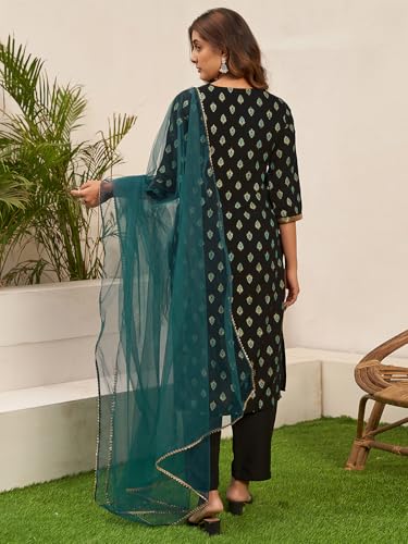 Sanisa Women's Rayon Blend Foil Printed Sequence Work Straight Kurta with Pant and Dupatta Set