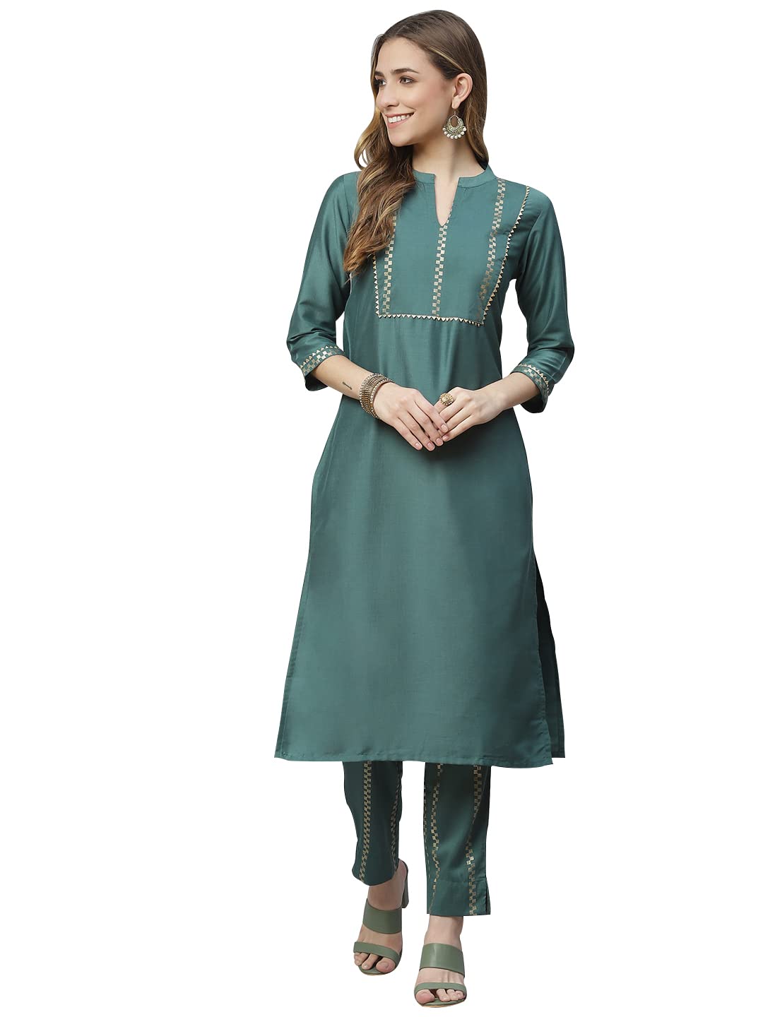 ZIYAA Women Women's Green Color Chinon Straight Kurta And Pant Set