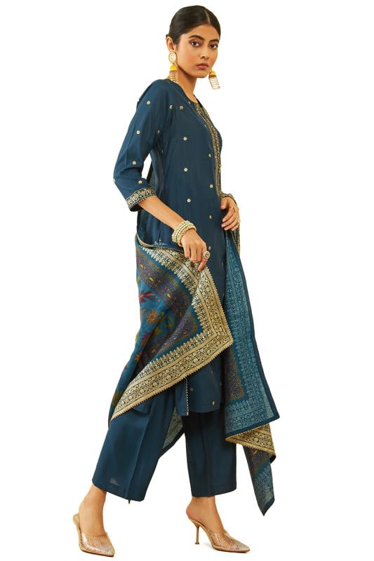 Soch Womens Blue Muslin Floral Print Suit Set With Printed Dupatta(Lg-Ewa3Cd20252B)