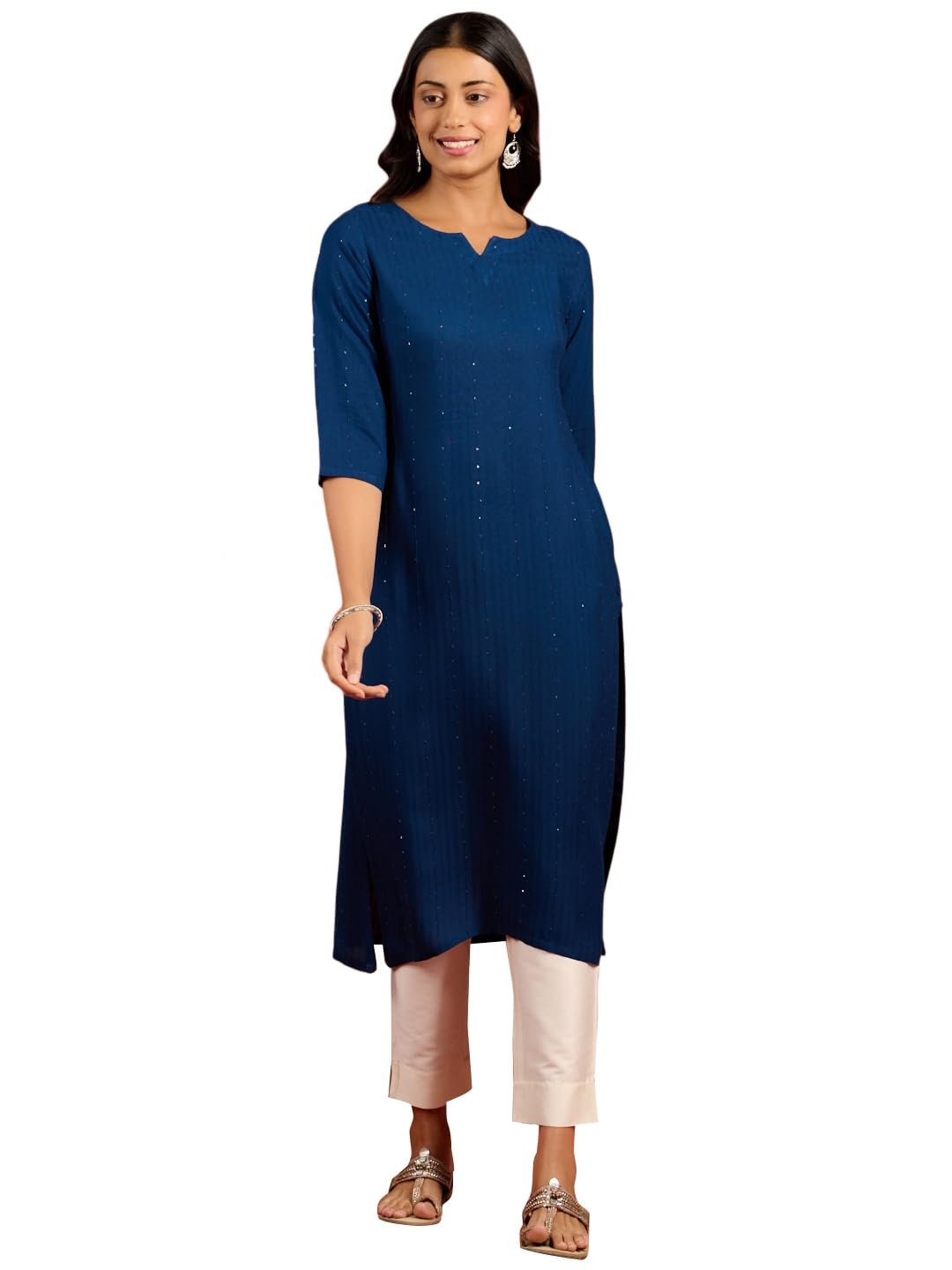 Libas Womens Viscose Rayon Embroidered Straight Kurta (26505_Blue