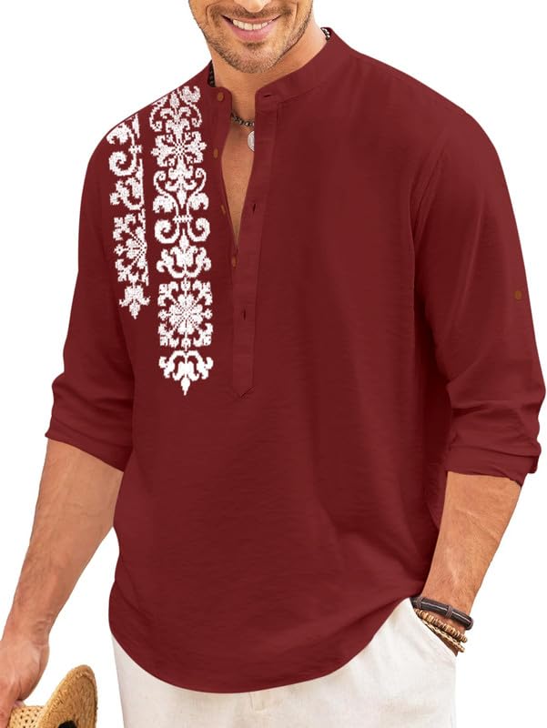 Royalscout MenS Regular Fit Stylish Embroidered Design Cotton Blend Full Sleeve Short Straight Kurta Shirt Maroon