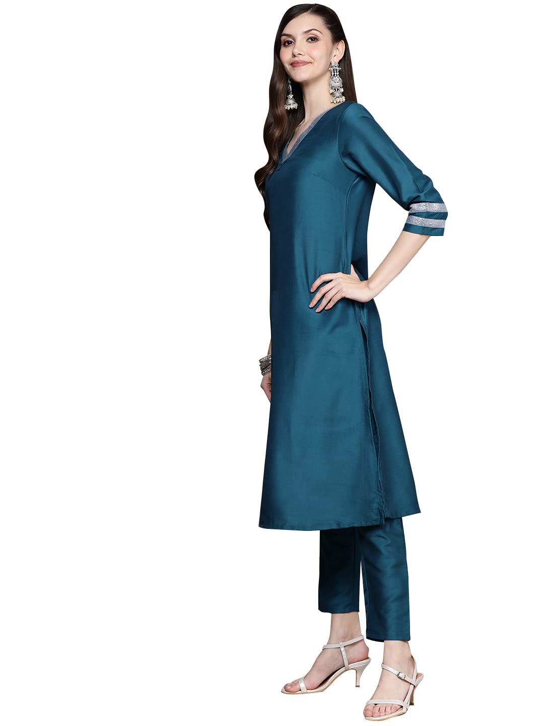 ZIYAA Women's Teal Chinon A-Line Kurta, Pant And Dupatta Set(ZISKDCH3863)