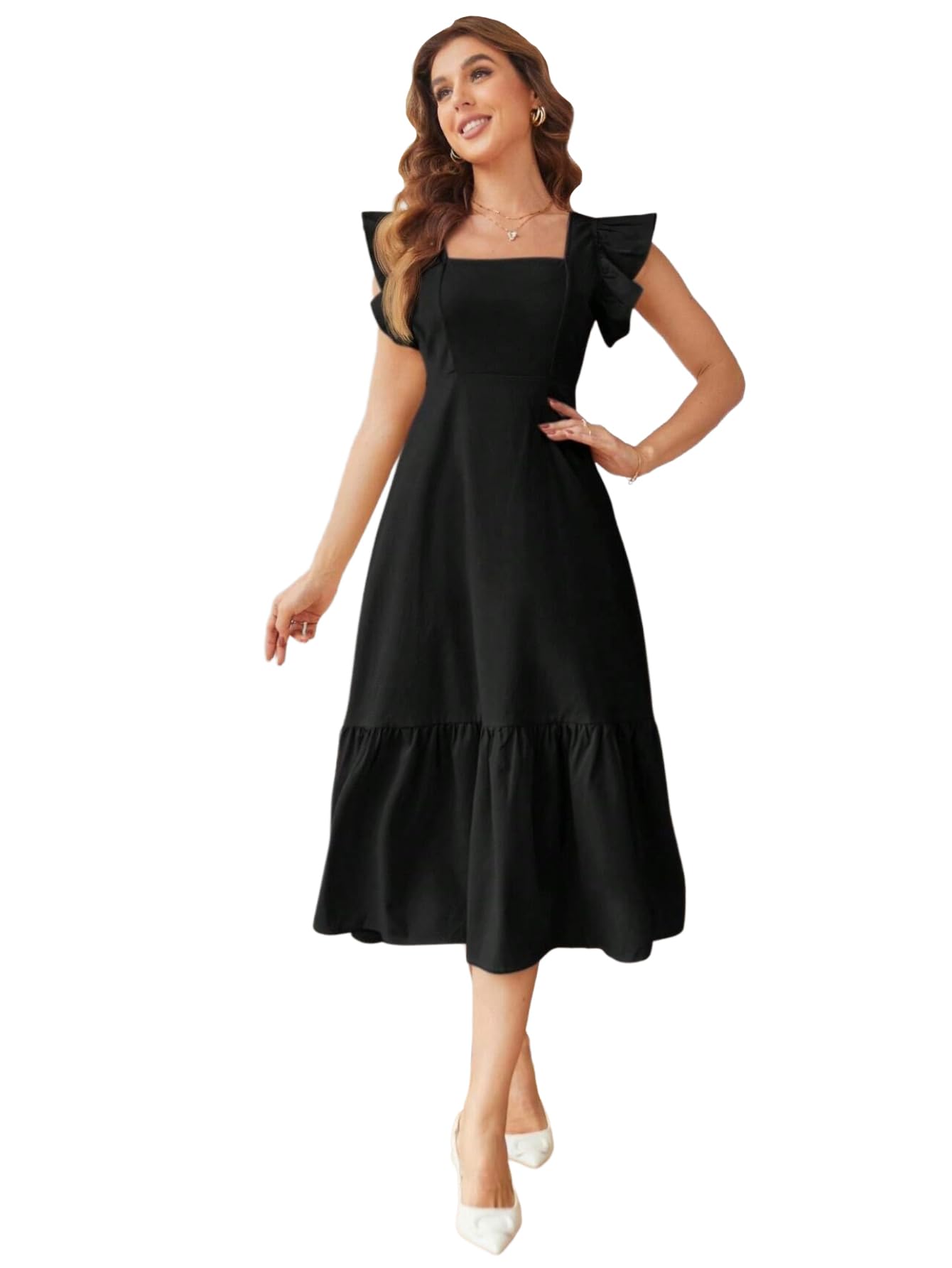 ANNI Designer Womens Rayon Solid Waist Ruffled Strap Square Neck Smocked Maxi Dress (FULKI BLACK-VKS02_XXL_Black_XX-Large)
