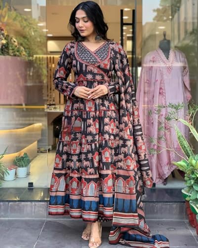 Toochki Women's Cotton Anarkali Printed with Embroidered Kurta with Palazzo & Dupatta Set
