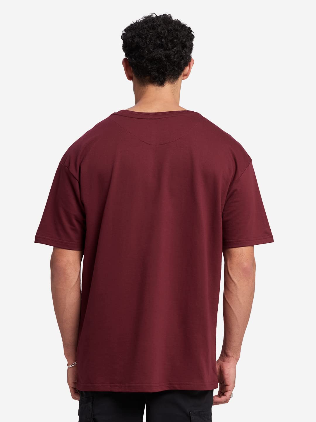 The Souled Store Men Burgundy Solid Oversized T Shirts for Men Baggy Off-Shoulder Loose Fit Relaxed Drop Shoulder Half Sleeve Ro