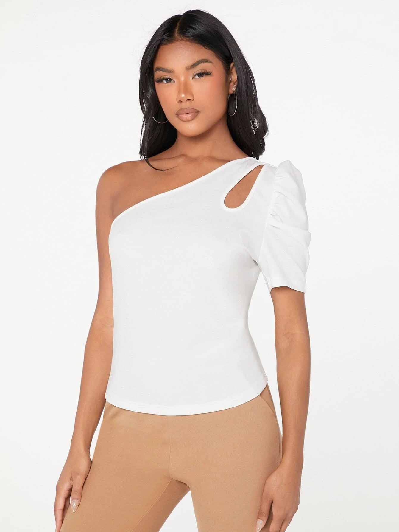 Shasmi Womens & Girls White Short Puff Sleeve, One Shoulder Neck, Ruched Bust Solid Tops for Women/Tops, T-Shirts for Girls (T