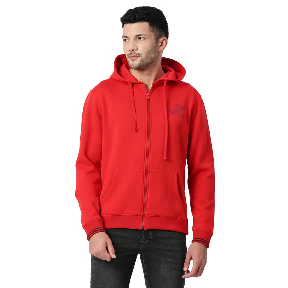 Pepe Jeans Mens Trillion Graphic Printed Zip Thru Hooded Sweatshirt, Classic Red,2Xl