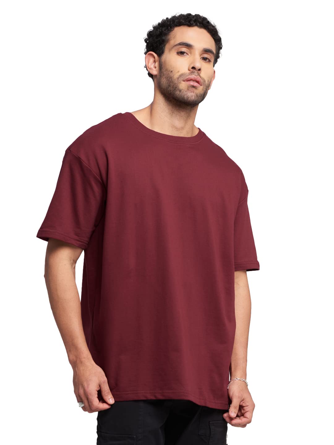 The Souled Store Men Burgundy Solid Oversized T Shirts for Men Baggy Off-Shoulder Loose Fit Relaxed Drop Shoulder Half Sleeve Ro