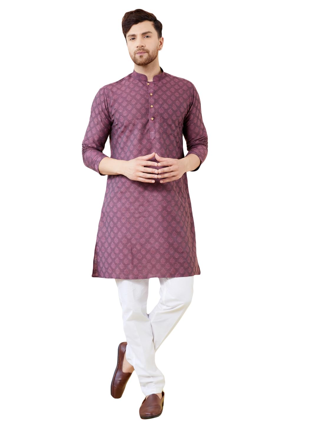 See Designs Men Long Sleeve Side Slit Mandarin Collar Purple Ethnic Motifs Silk Jacquard Woven Design Straight Kurta - Bnrskt715