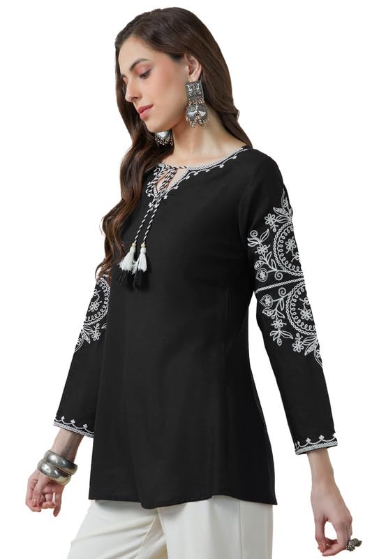 Soch Womens Black Rayon Embroidered Tunic with Tassels