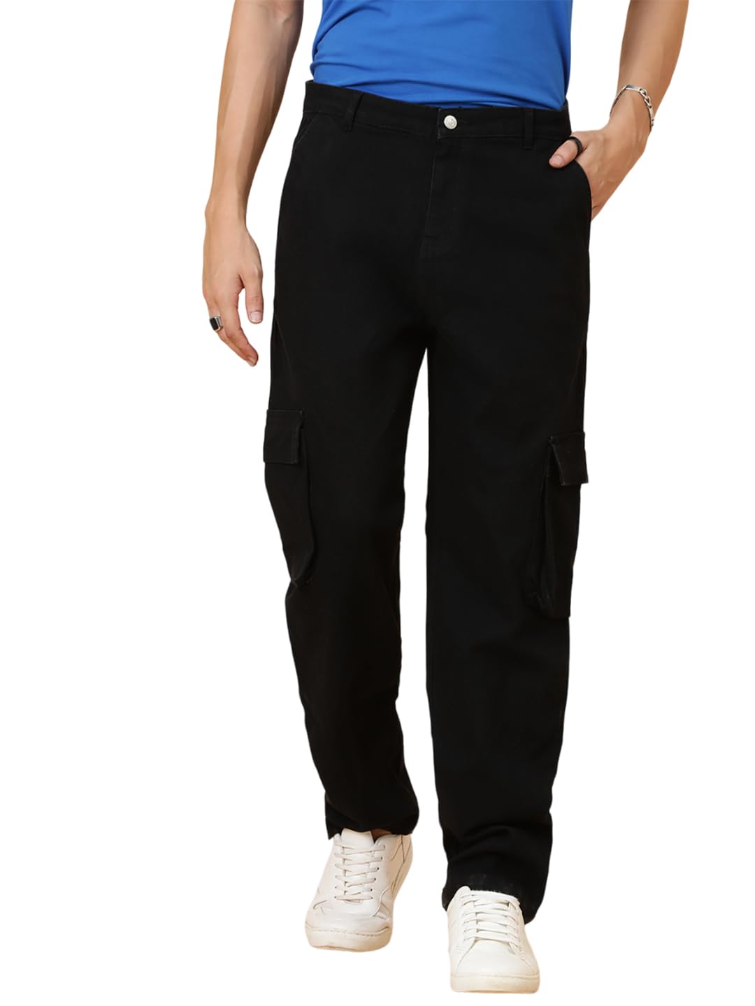 Kotty MenS Solid Mid Rise Straight Fit Stylish Looking Cargo Jeans(Black,30)