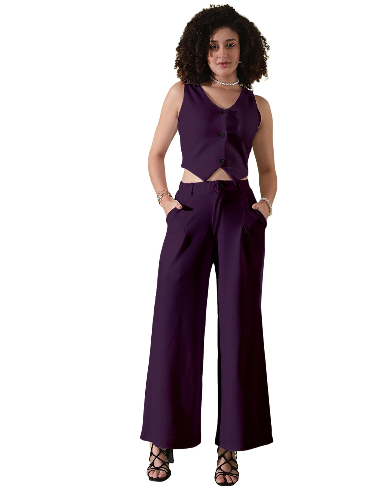 Selvia WomenS Co-Ords Set|Lycra V-Neck Solid Crop Top And Pant Set|Formal Co-Ords Set For Women|Two Piece Co-Ord Set|Top & Trou