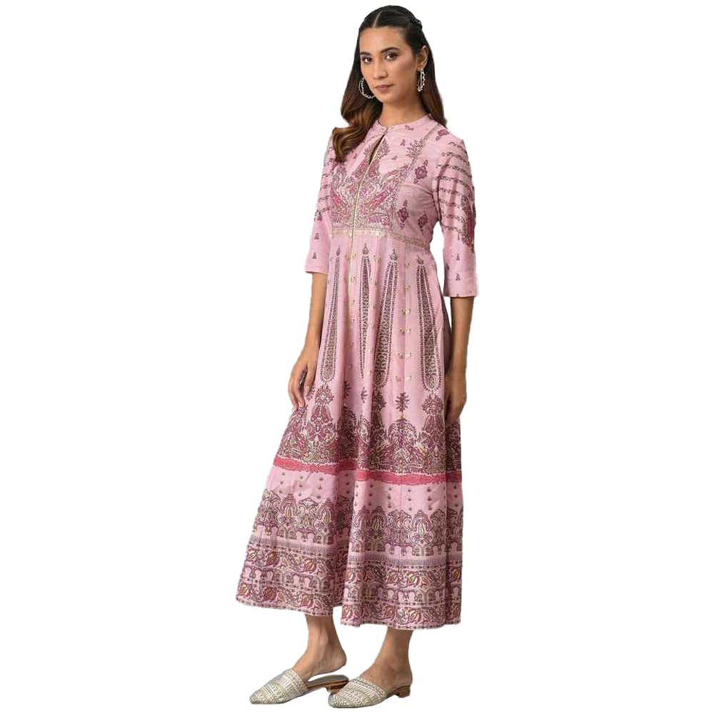 W For Woman Light Pink Floral Printed Foil Sequin A-Line Synthetic Dress