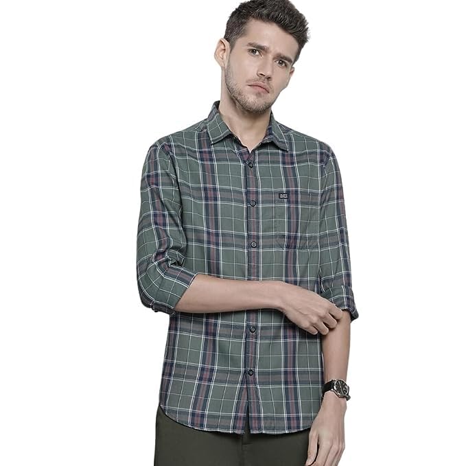 The Indian Garage Co Men Navy & Green Checkered Slim Fit Cotton Casual Shirt