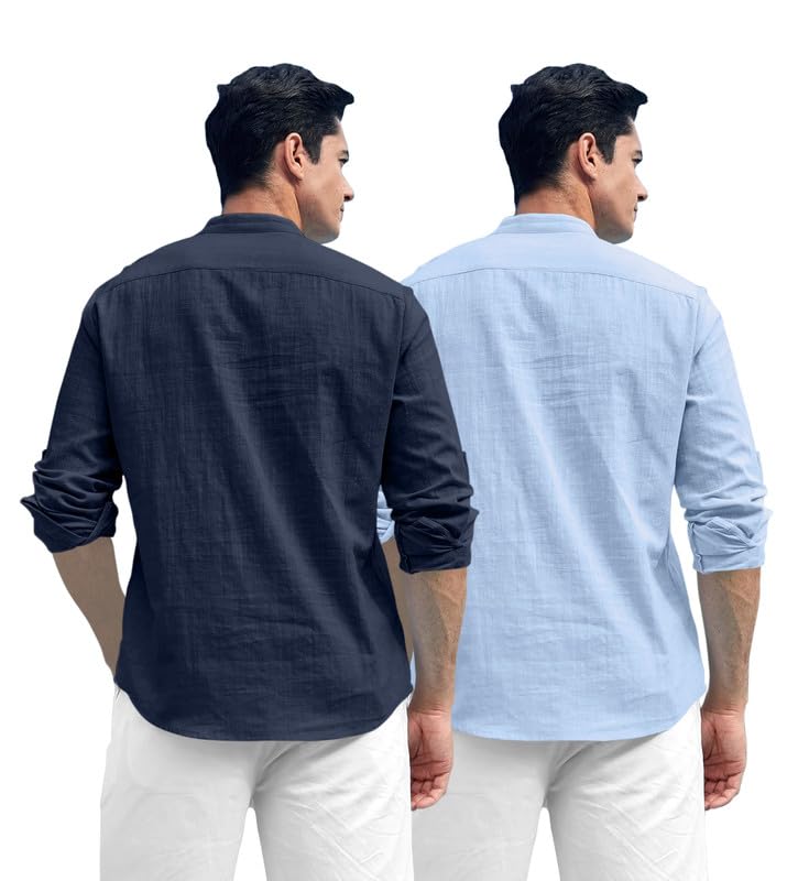 Royalscout Combo Of MenS Solid Cotton Blend Full Sleeve Straight Kurta Shirt (Pack Of 2) Navy-Sky