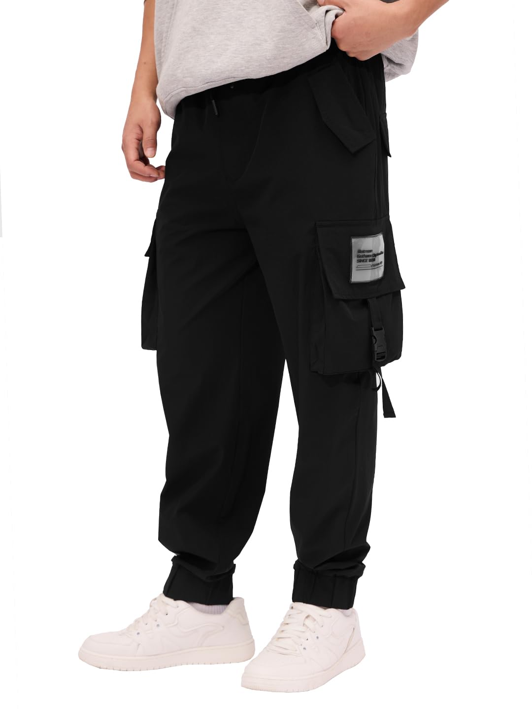 The Souled Store Batman: Dark Knight Men and Boys Drawstringed Black Printed Cotton Cargo Joggers