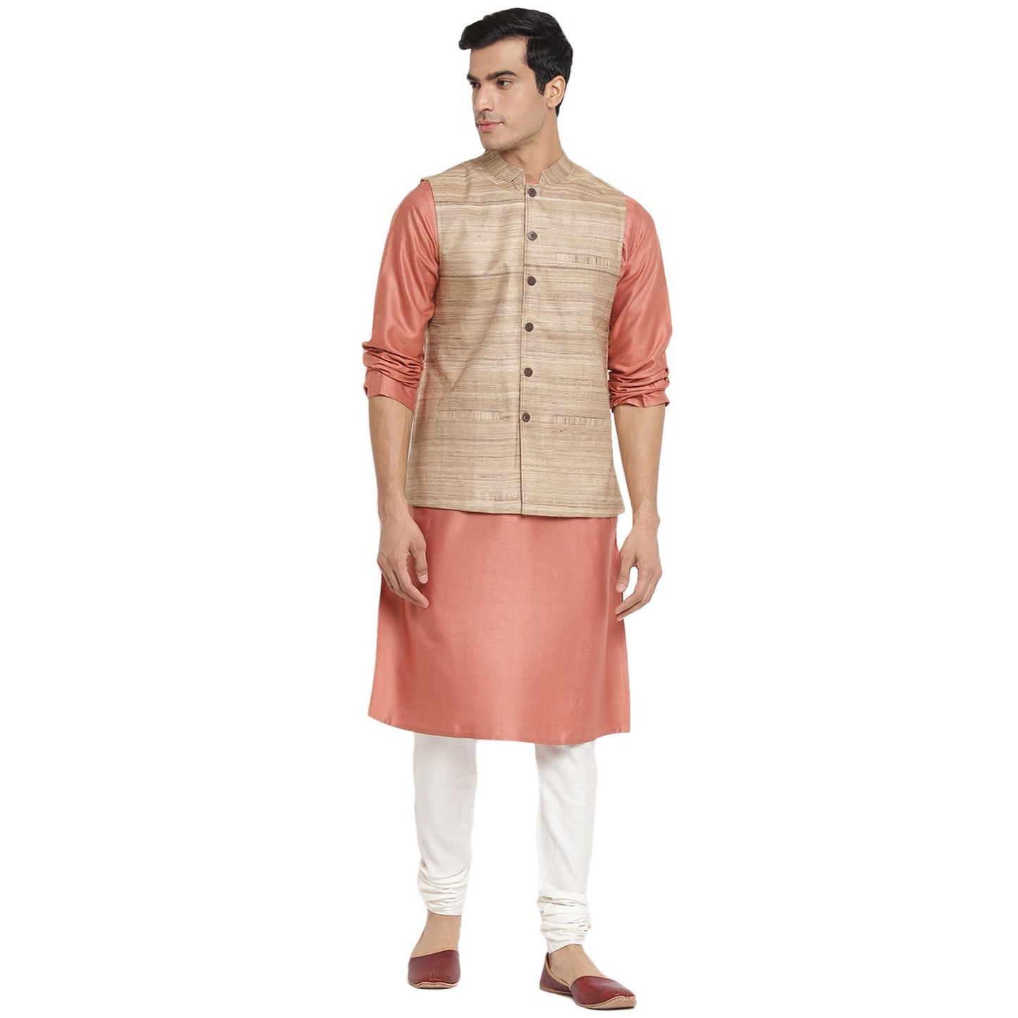 Fabindia Men Tussar Ghicha Silk Chinese Collar Nehru Jacket Natural_M