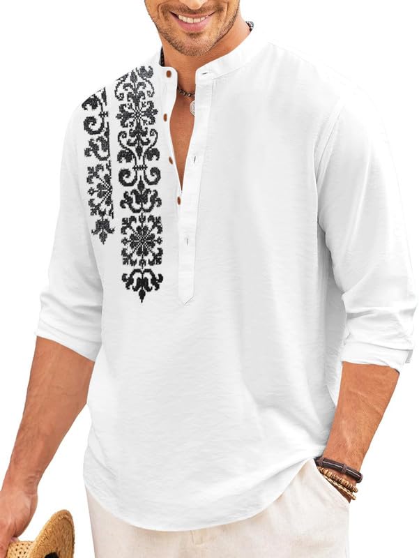 ROYALSCOUT Mens Regular Fit Stylish Embroidered Design Cotton Blend Full Sleeve Short Straight Kurta Shirt White