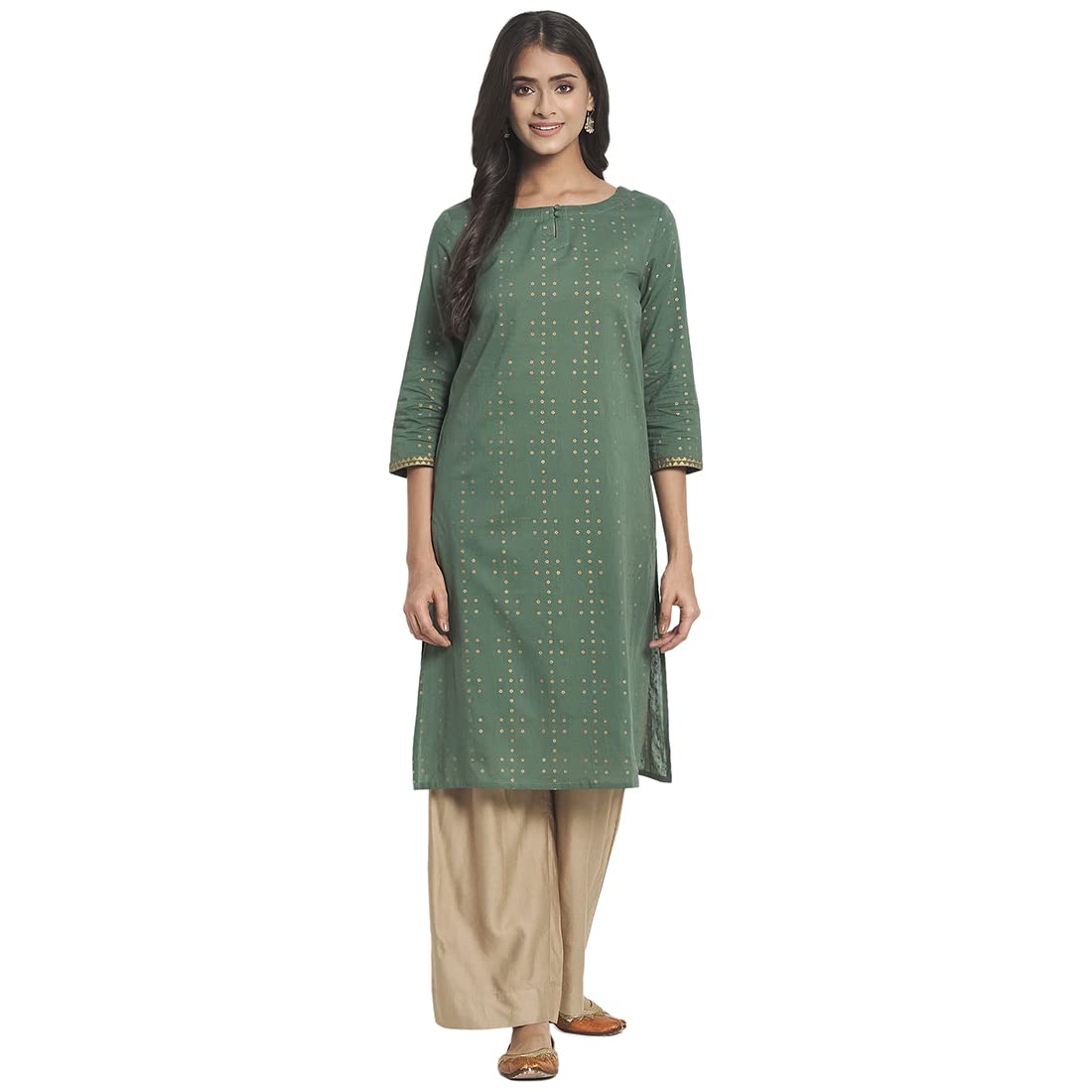Fabindia Women Cotton Printed Knee Length Kurta Green_Xl