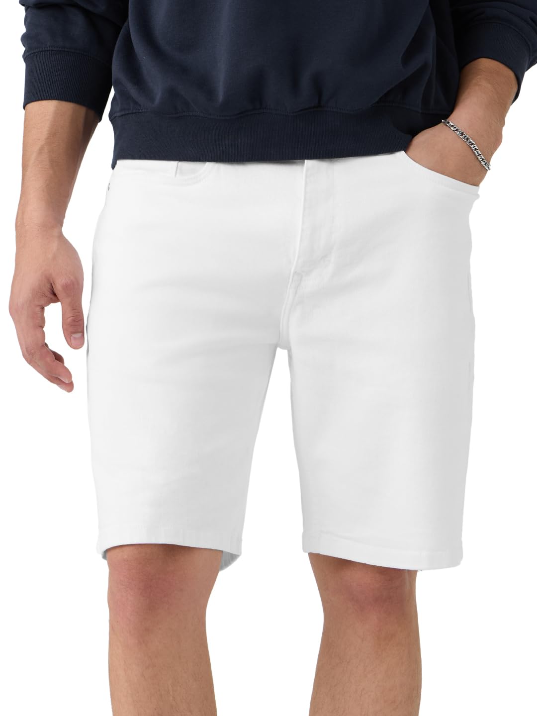 The Souled Store Denim Shorts: Ivory White Men and Boys Buttoned Solid Knee Length Cotton Blend Denim Shorts