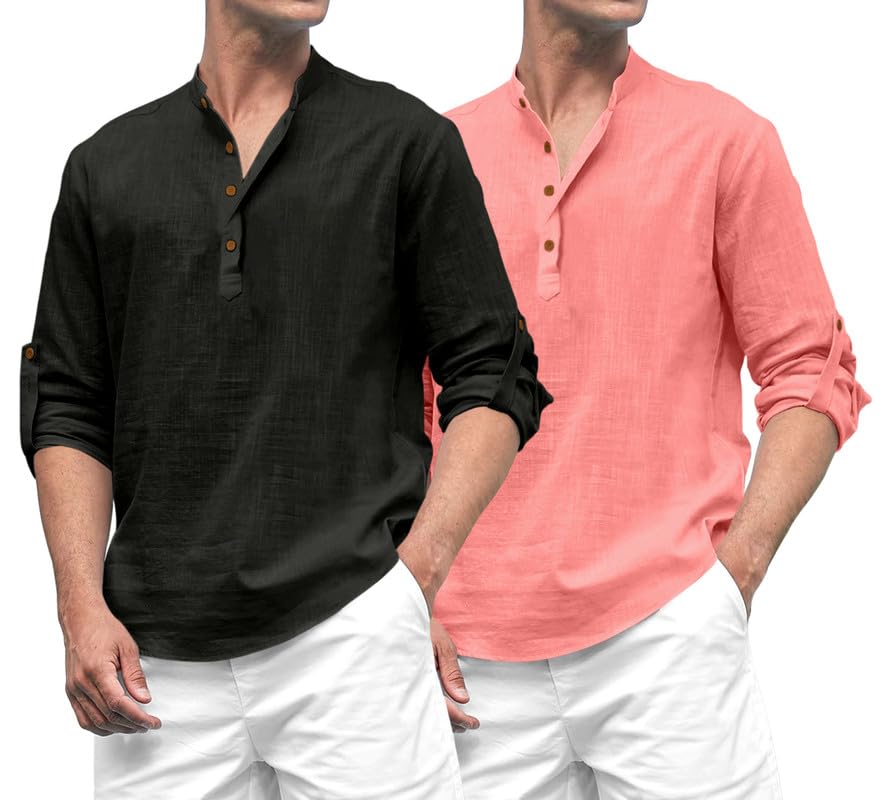 ROYALSCOUT Combo of Mens Solid Cotton Blend Full Sleeve Straight Kurta Shirt (Pack of 2) Black-Peach