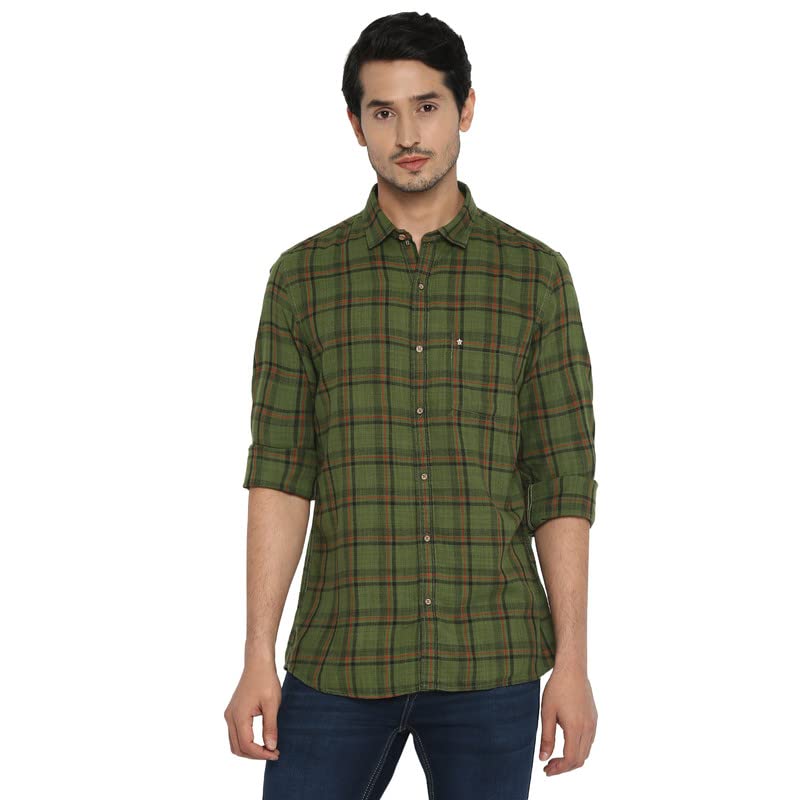 Turtle Men Cotton Dark Green Checkered Slim Fit Shirts