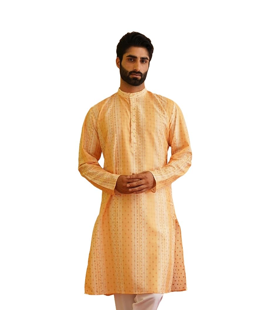 SOJANYA (Since 1958 Men's Cotton Silk Self Design Mustard Long Kurta