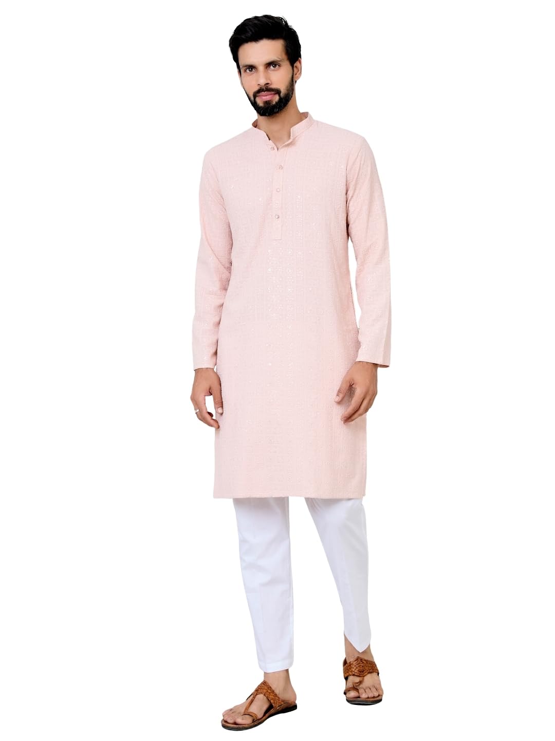 See Designs Mens Full Sleeve Mandarin Collar Men Peach Ethnic Motifs Sequins Embroidered Straight Long Kurta - Festive Collecti