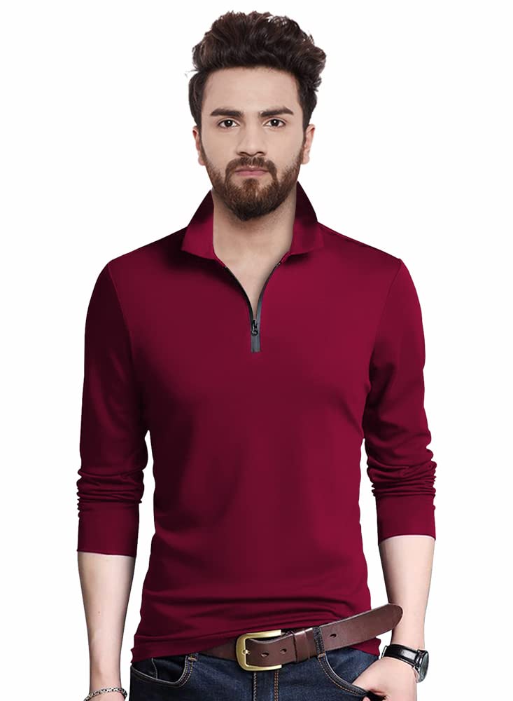 Eyebogler MenS Trendy Polo Neck Full Sleeves Solid T-Shirt Wine Red