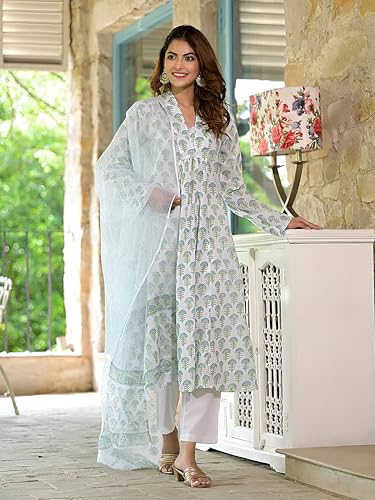 Pinkmint Womens Printed V Neck Muslin Kurta & Straight Pants with Fancy Dupatta l Festive & Celebrations Ethnic Suit Set White