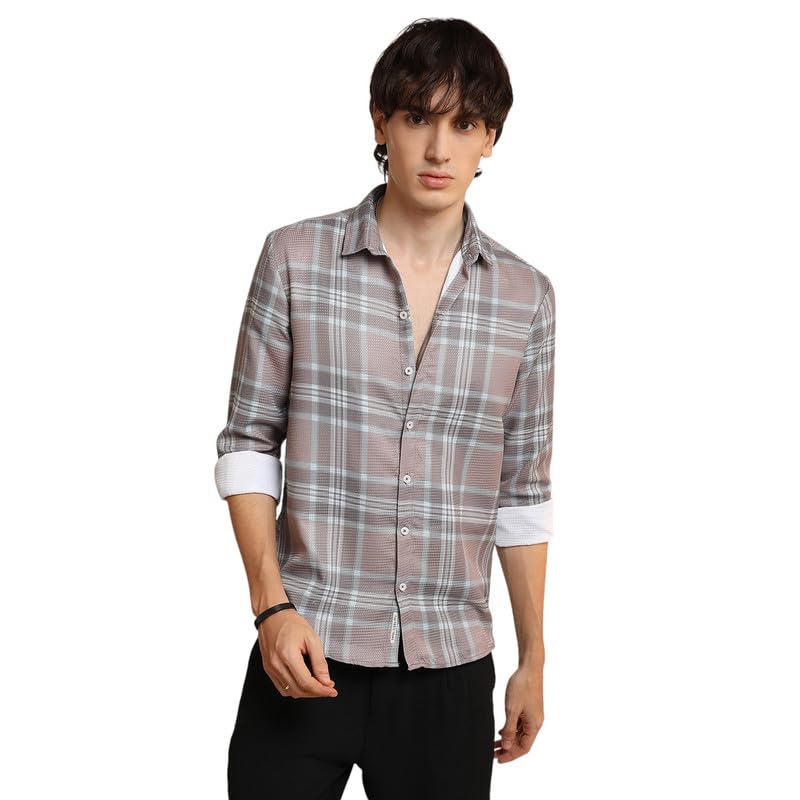 Campus Sutra Mens Nude Pink & Cloud Grey Tartan Plaid Shirt for Casual Wear | Spread Collar | Long Sleeve | Button Closure | Sh