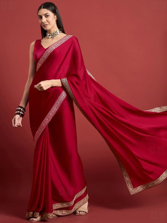 Cb-Colebrook Women'S Soft Satin Saree With Embroidered Sequin Border With Blouse Piece, Traditional Indian Ethnic Wear, Party, W