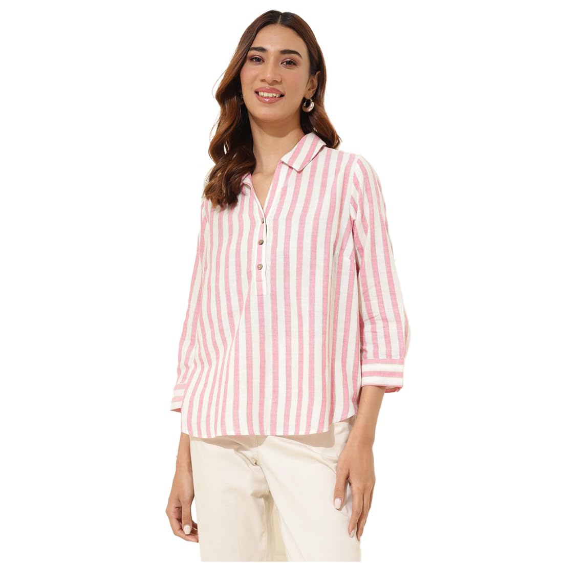 Fabindia WomenS Striped Regular Fit Top (1035920White- White-Pink
