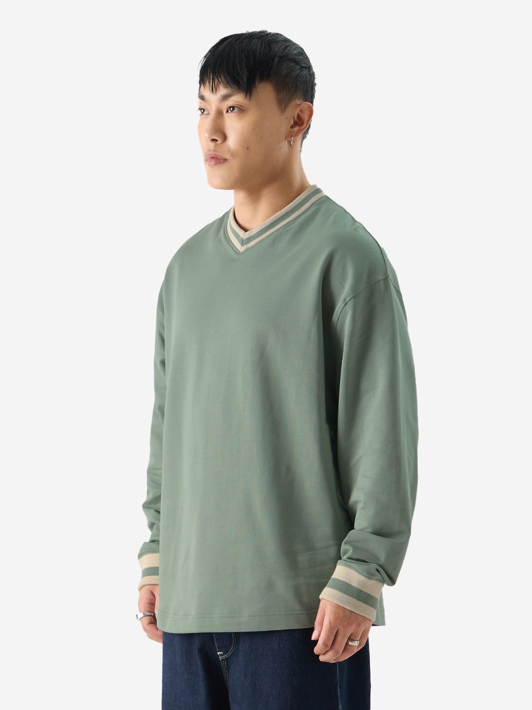 The Souled Store Solids: Sage Green Men and Boys Round Neck Oversized Fit Full Sleeve T-Shirts Oversized Mens T-Shirts Solid Ba