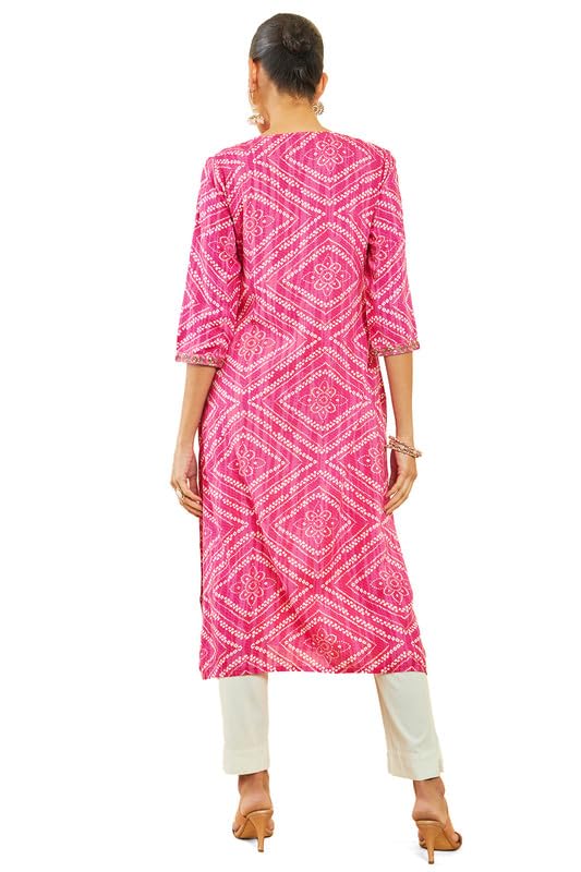 Soch Womens Pink Rayon Kurta With Bandhani Print And Floral Embroidery