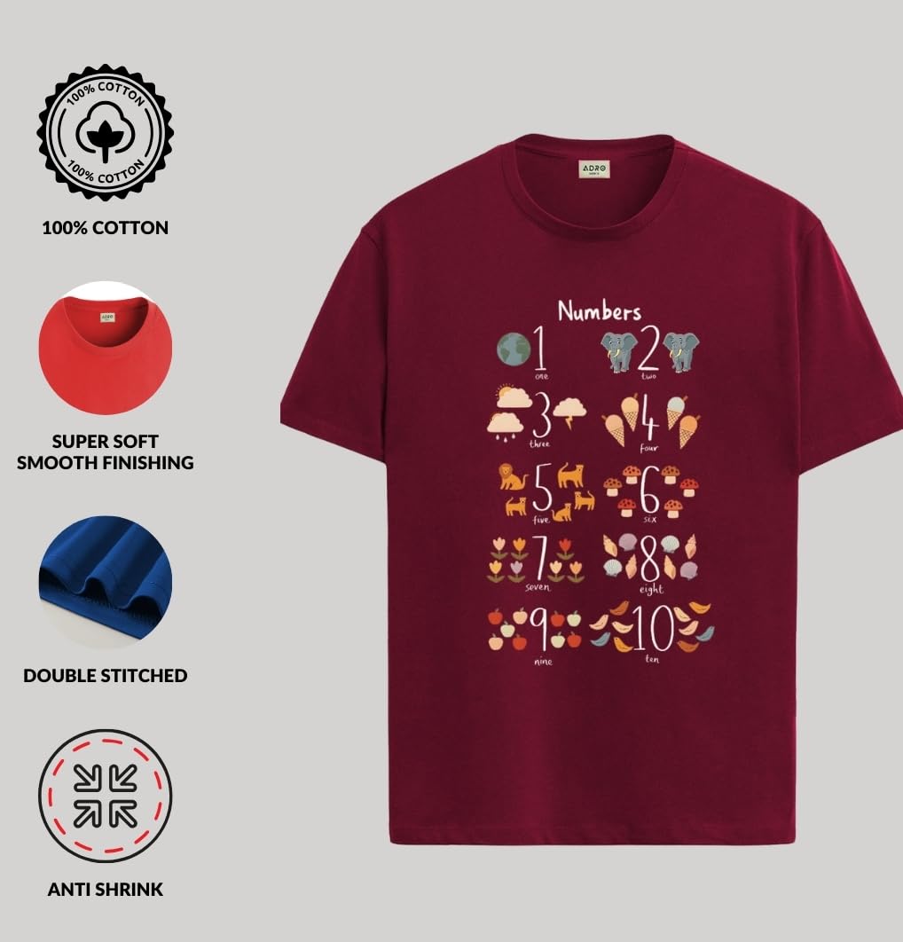 ADRO T Shirts for Boys & Girls || Learning Numbers Printed T-Shirt || Ages 3-14 || 100% Cotton Round Neck Tshirt for Boys & Girl