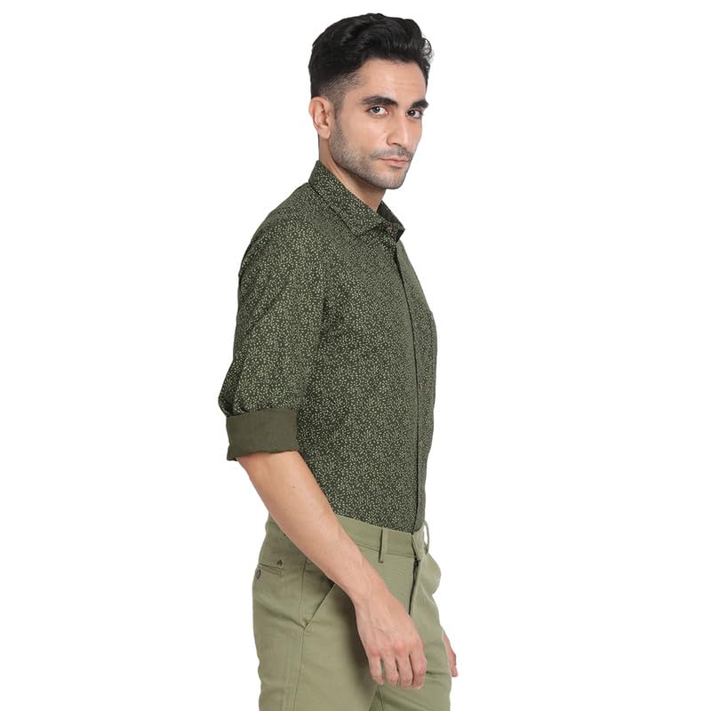 Turtle Men Cotton Tencel Slim Fit Dark Green Printed Casual Shirt