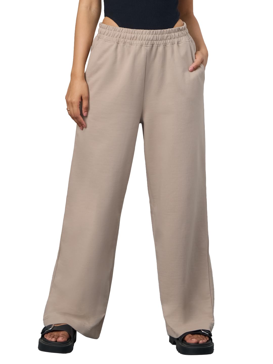 The Souled Store Flared Joggers: Biscuit Brown Women and Girls Pull On Solid Cotton Flared Joggers