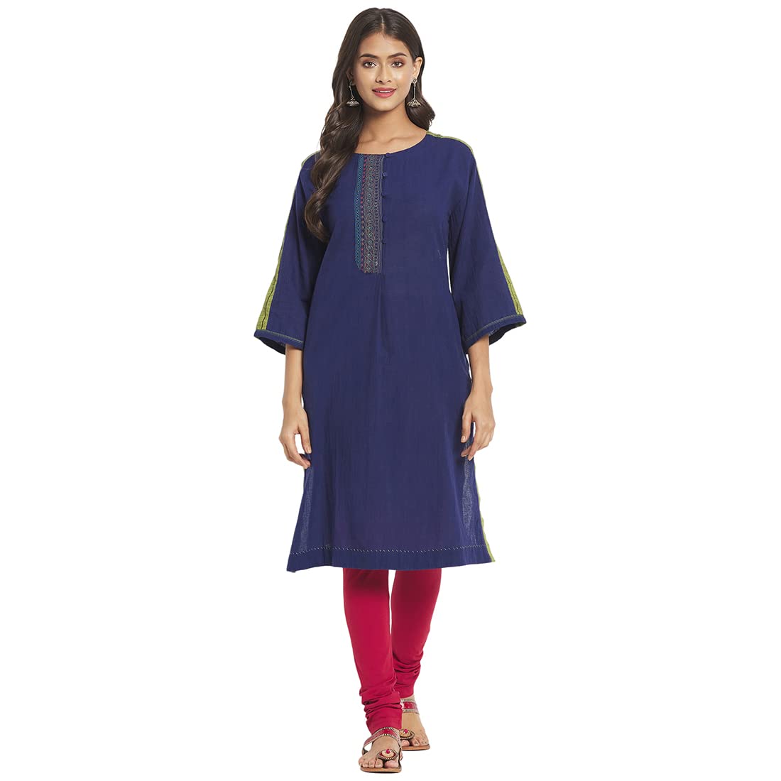 Fabindia Women Round Neck Placket Medium Kurta Cotton_XS Navy Blue